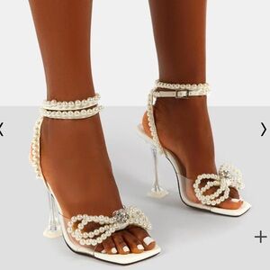 Glimmer White Wrap Around Pearl Detail Bow Square Toe Cake Stand Heels